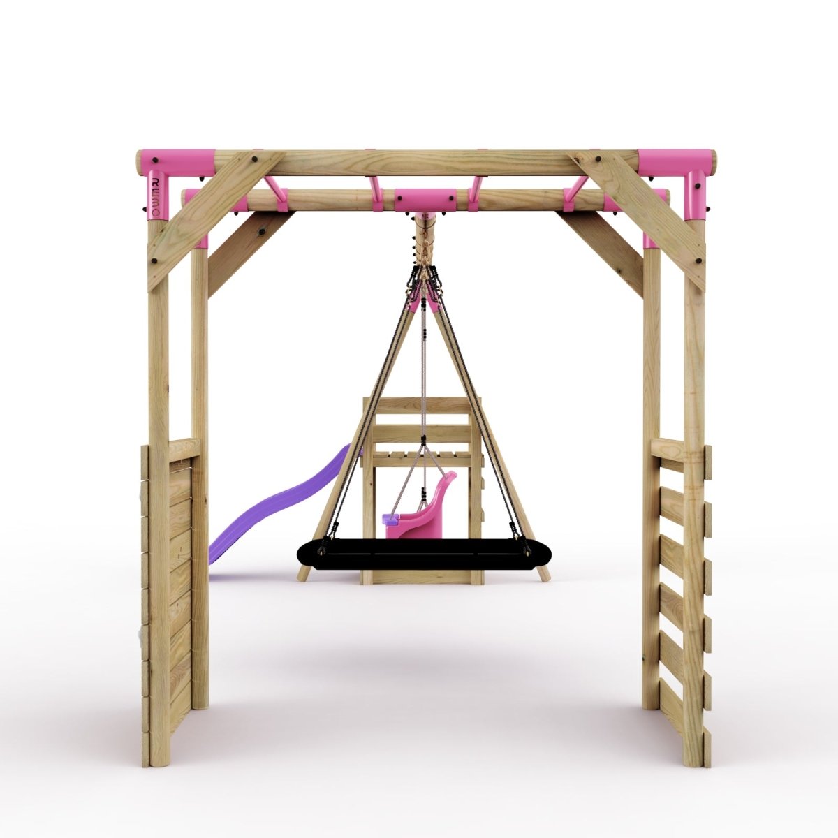 Rebo Wooden Swing Set with Monkey Bars plus Deck & 6ft Slide - Halley Pink