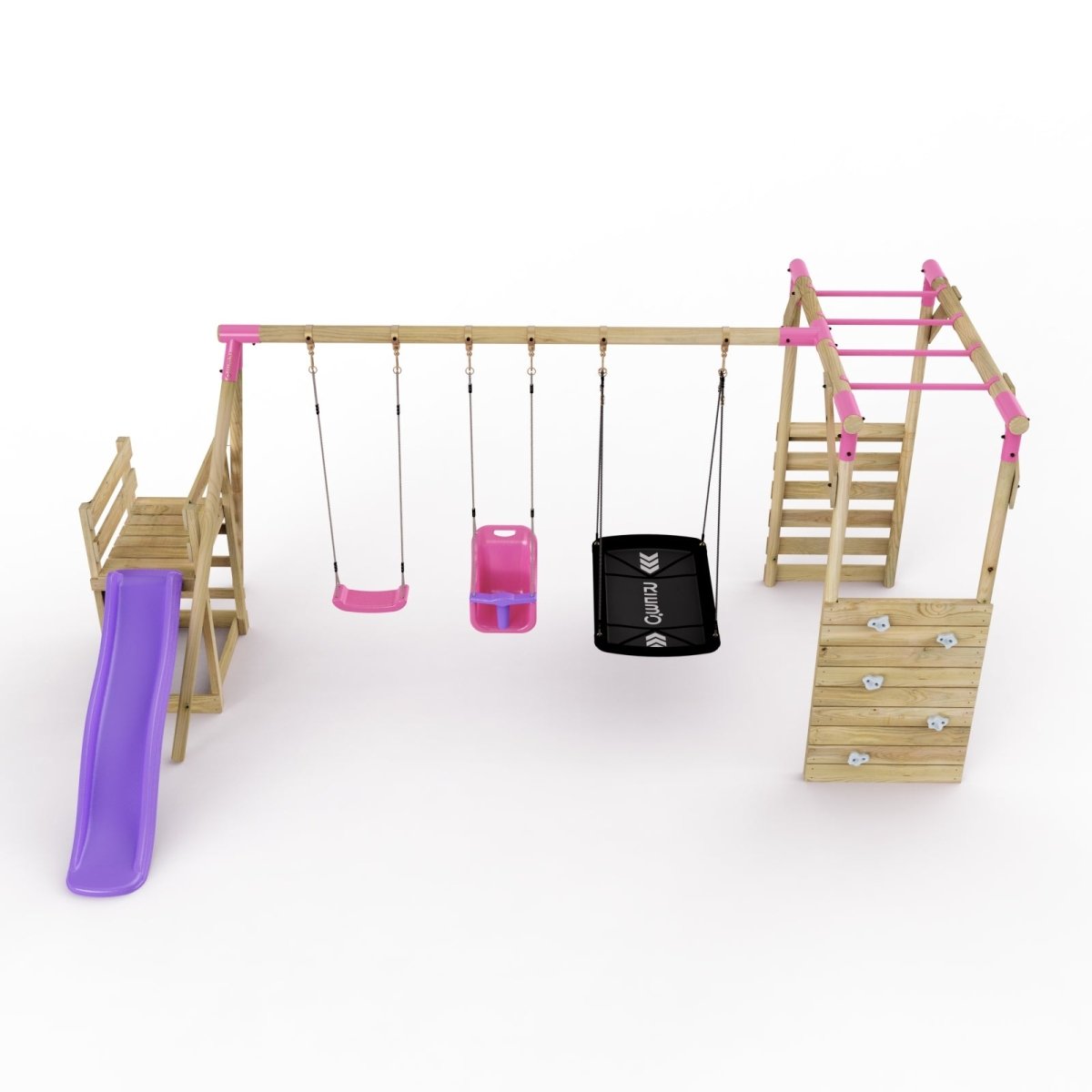 Rebo Wooden Swing Set with Monkey Bars plus Deck & 6ft Slide - Halley Pink