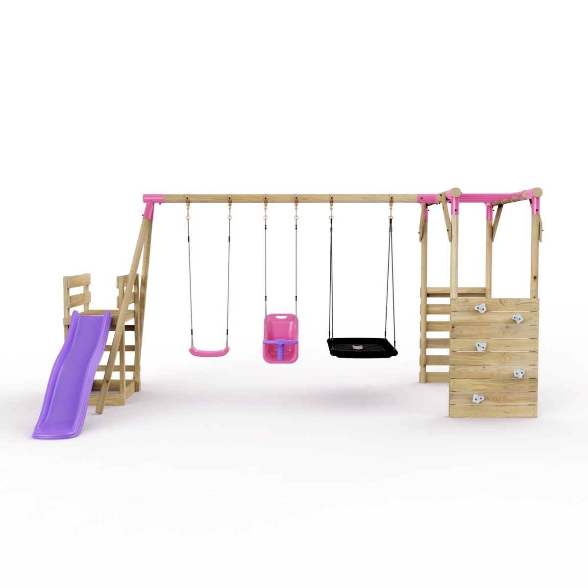 Rebo Wooden Swing Set with Monkey Bars plus Deck & 6ft Slide - Halley Pink