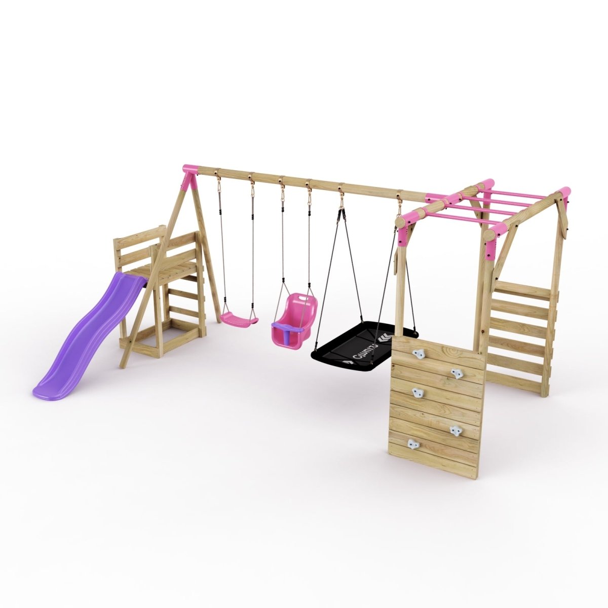 Rebo Wooden Swing Set with Monkey Bars plus Deck & 6ft Slide - Halley Pink