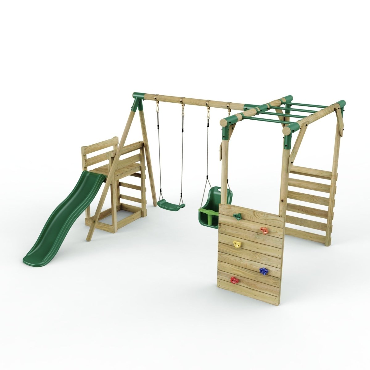 Rebo Wooden Swing Set with Monkey Bars plus Deck & 6ft Slide - Luna Green