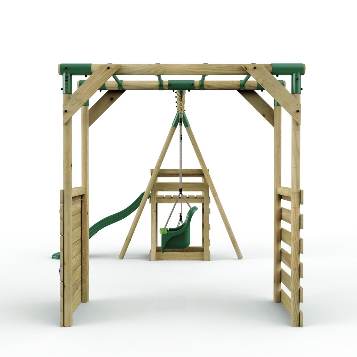 Rebo Wooden Swing Set with Monkey Bars plus Deck & 6ft Slide - Luna Green