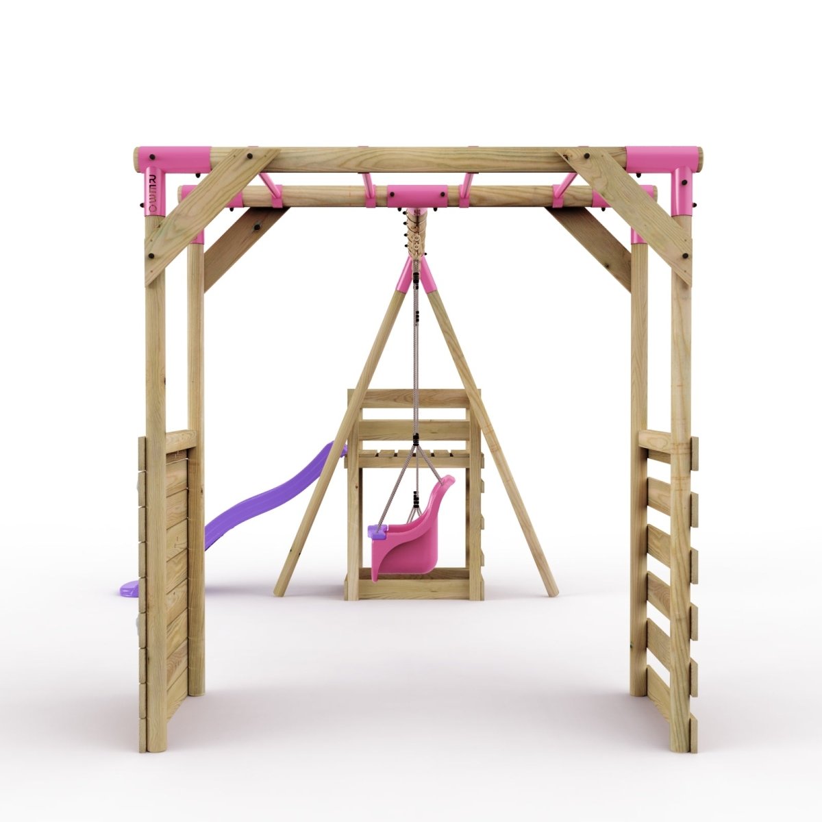 Rebo Wooden Swing Set with Monkey Bars plus Deck & 6ft Slide - Luna Pink