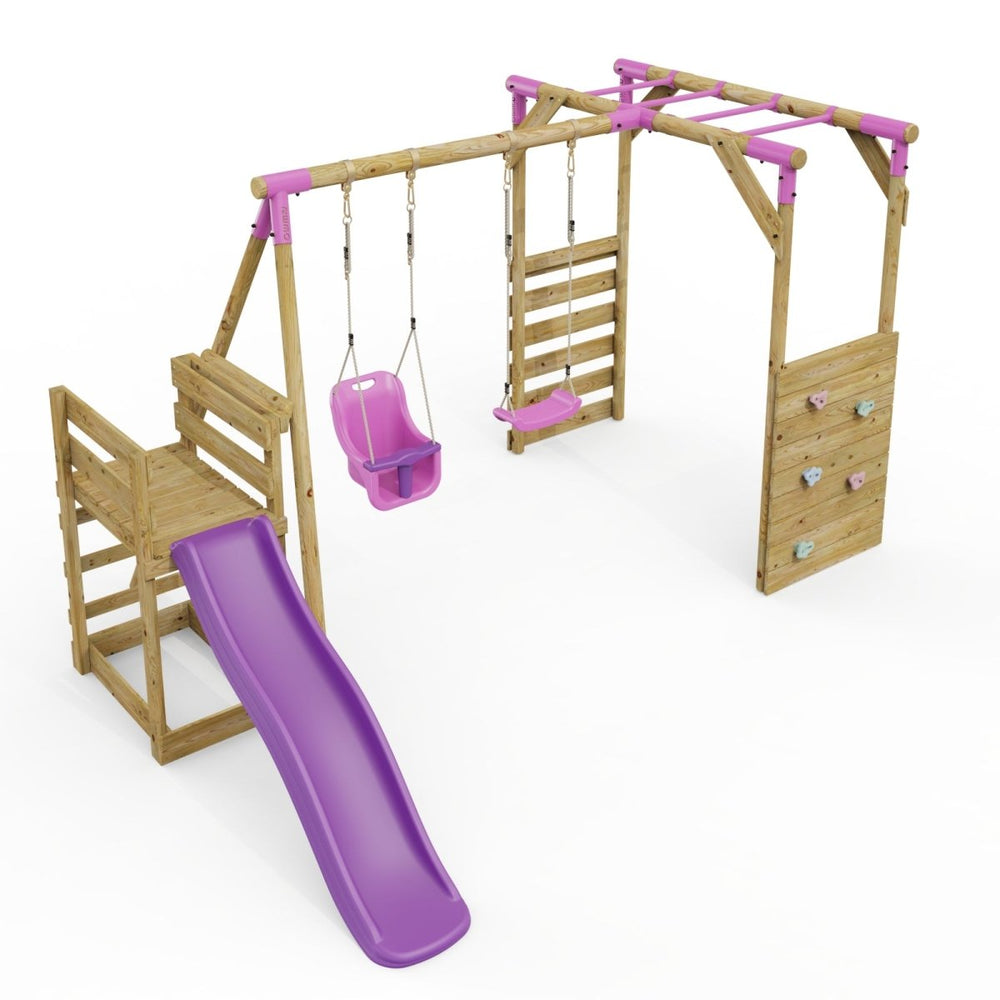 Rebo Wooden Swing Set with Monkey Bars plus Deck & 6ft Slide - Luna Pink