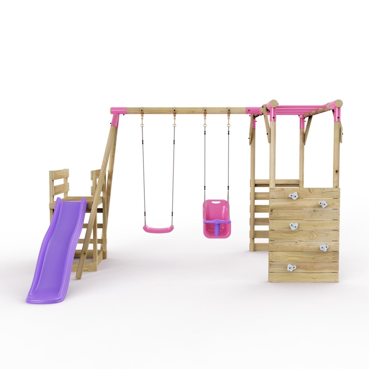 Rebo Wooden Swing Set with Monkey Bars plus Deck & 6ft Slide - Luna Pink