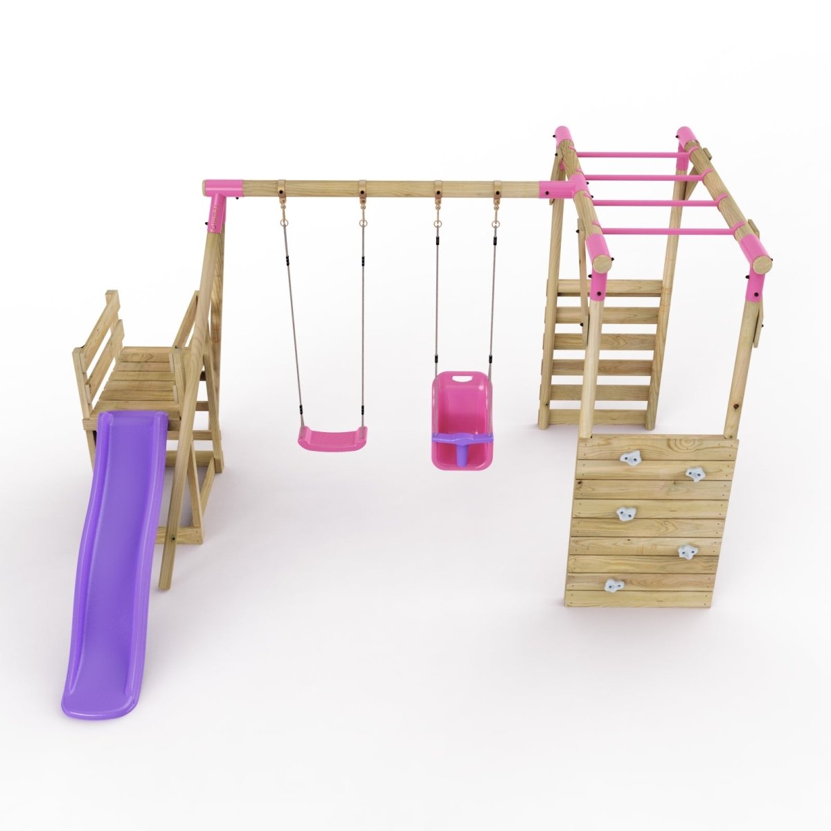 Rebo Wooden Swing Set with Monkey Bars plus Deck & 6ft Slide - Luna Pink