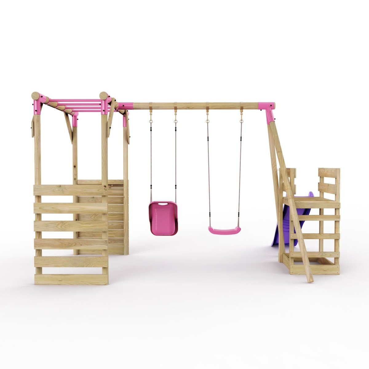 Rebo Wooden Swing Set with Monkey Bars plus Deck & 6ft Slide - Luna Pink
