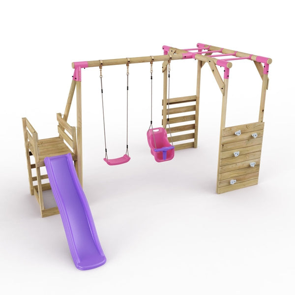 Rebo Wooden Swing Set with Monkey Bars plus Deck & 6ft Slide - Luna Pink