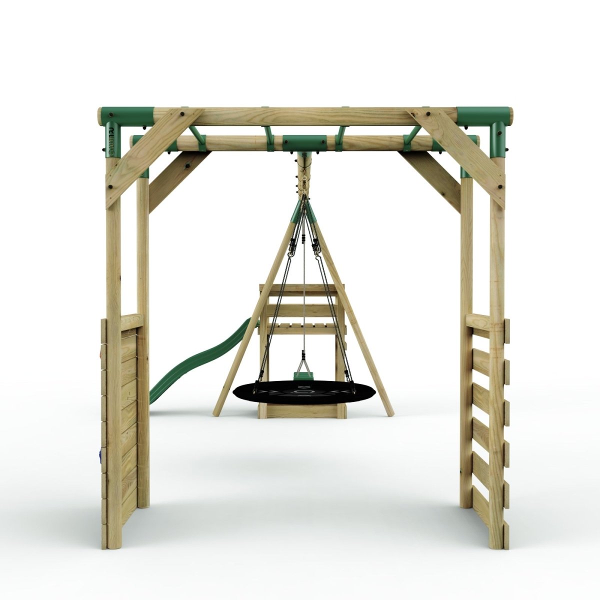 Rebo Wooden Swing Set with Monkey Bars plus Deck & 6ft Slide - Meteorite Green