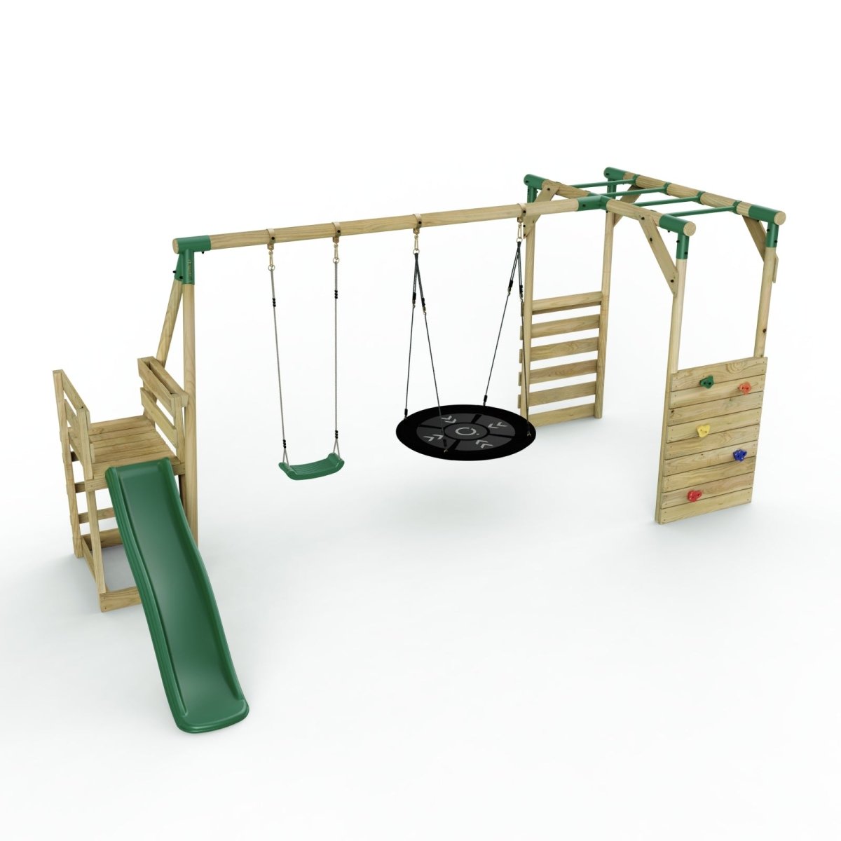 Rebo Wooden Swing Set with Monkey Bars plus Deck & 6ft Slide - Meteorite Green