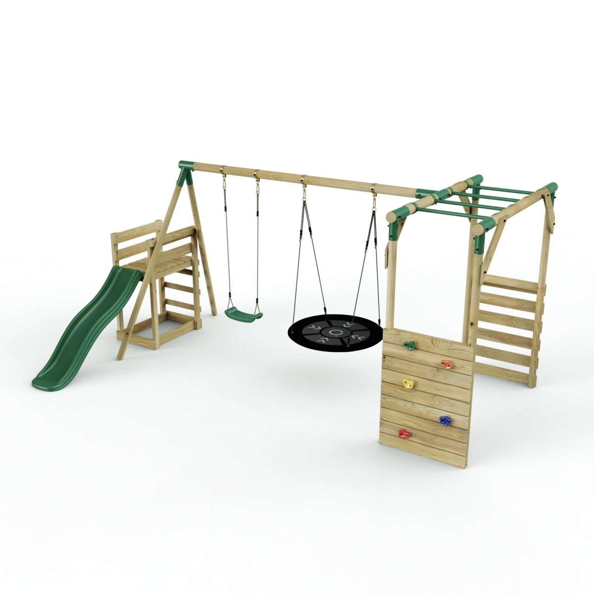 Rebo Wooden Swing Set with Monkey Bars plus Deck & 6ft Slide - Meteorite Green