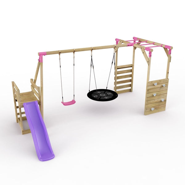 Rebo Wooden Swing Set with Monkey Bars plus Deck & 6ft Slide - Meteorite Pink