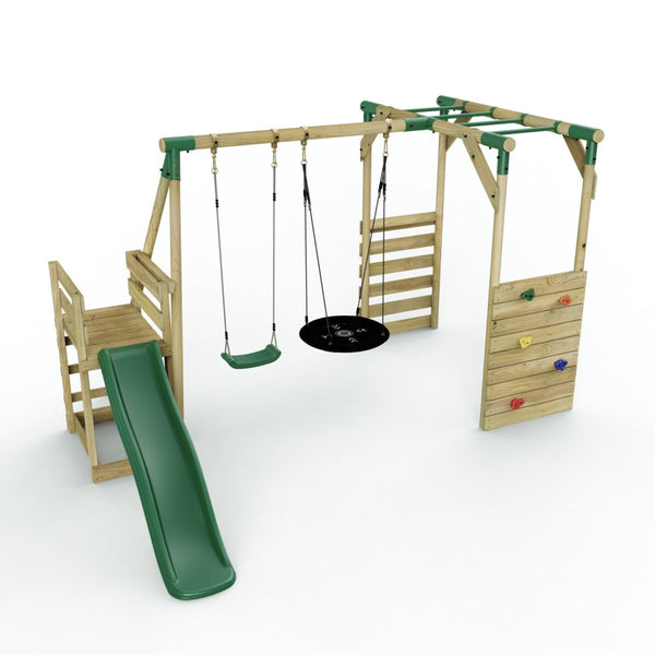 Rebo Wooden Swing Set with Monkey Bars plus Deck & 6ft Slide - Satellite Green