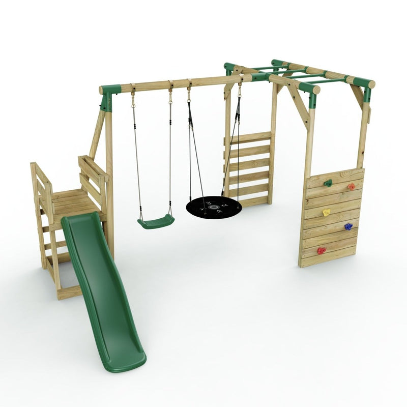 Rebo Halley Green Swings w/ Monkey Bars, Deck 6ft Slide