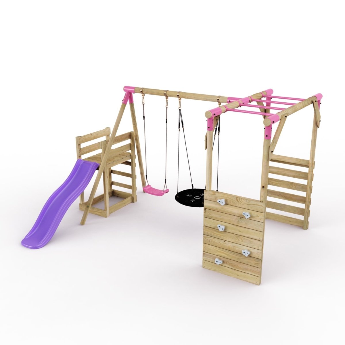 Rebo Wooden Swing Set with Monkey Bars plus Deck & 6ft Slide - Satellite Pink