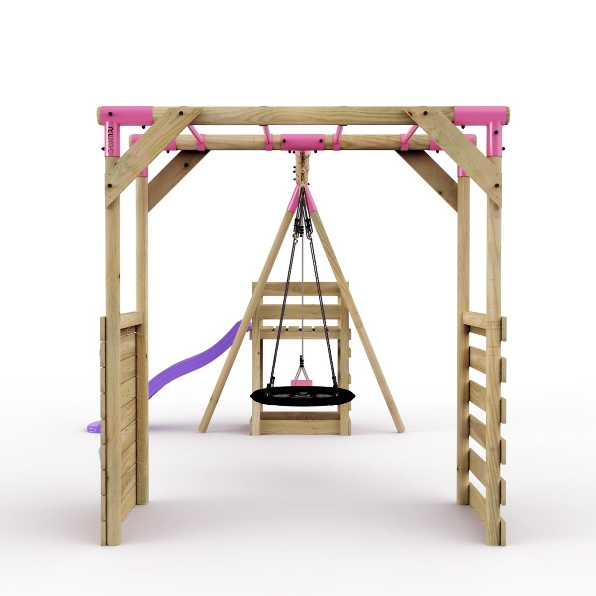 Rebo Wooden Swing Set with Monkey Bars plus Deck & 6ft Slide - Satellite Pink