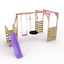Rebo Wooden Swing Set with Monkey Bars plus Deck & 6ft Slide - Satellite Pink