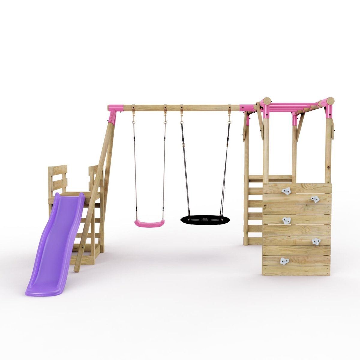 Rebo Wooden Swing Set with Monkey Bars plus Deck & 6ft Slide - Satellite Pink