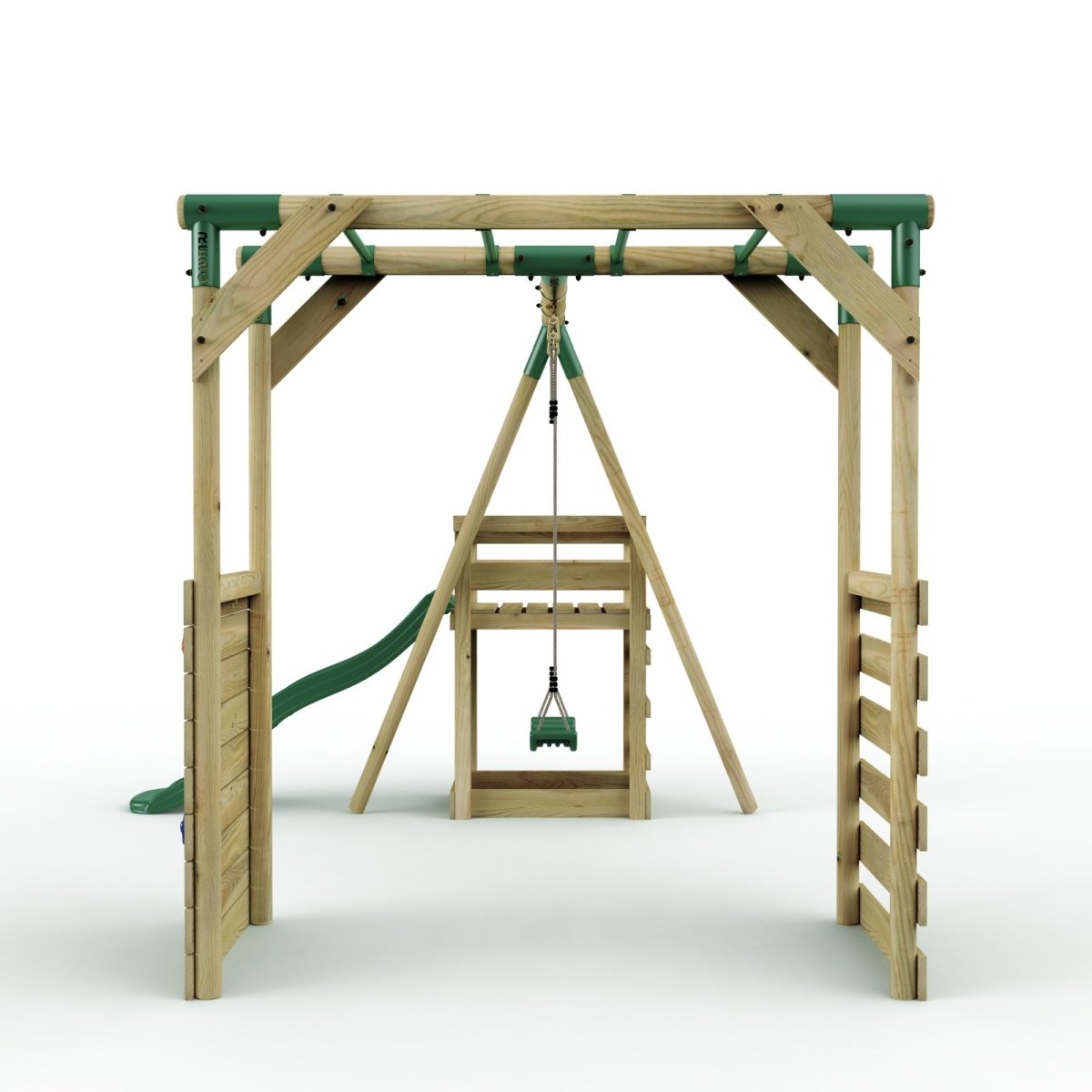 Rebo Wooden Swing Set with Monkey Bars plus Deck & 6ft Slide - Solar Green