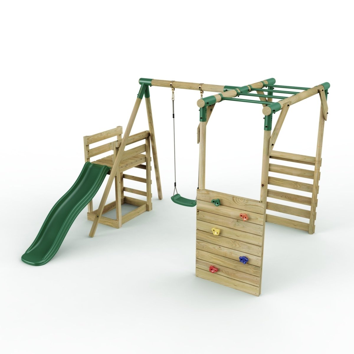 Rebo Wooden Swing Set with Monkey Bars plus Deck & 6ft Slide - Solar Green