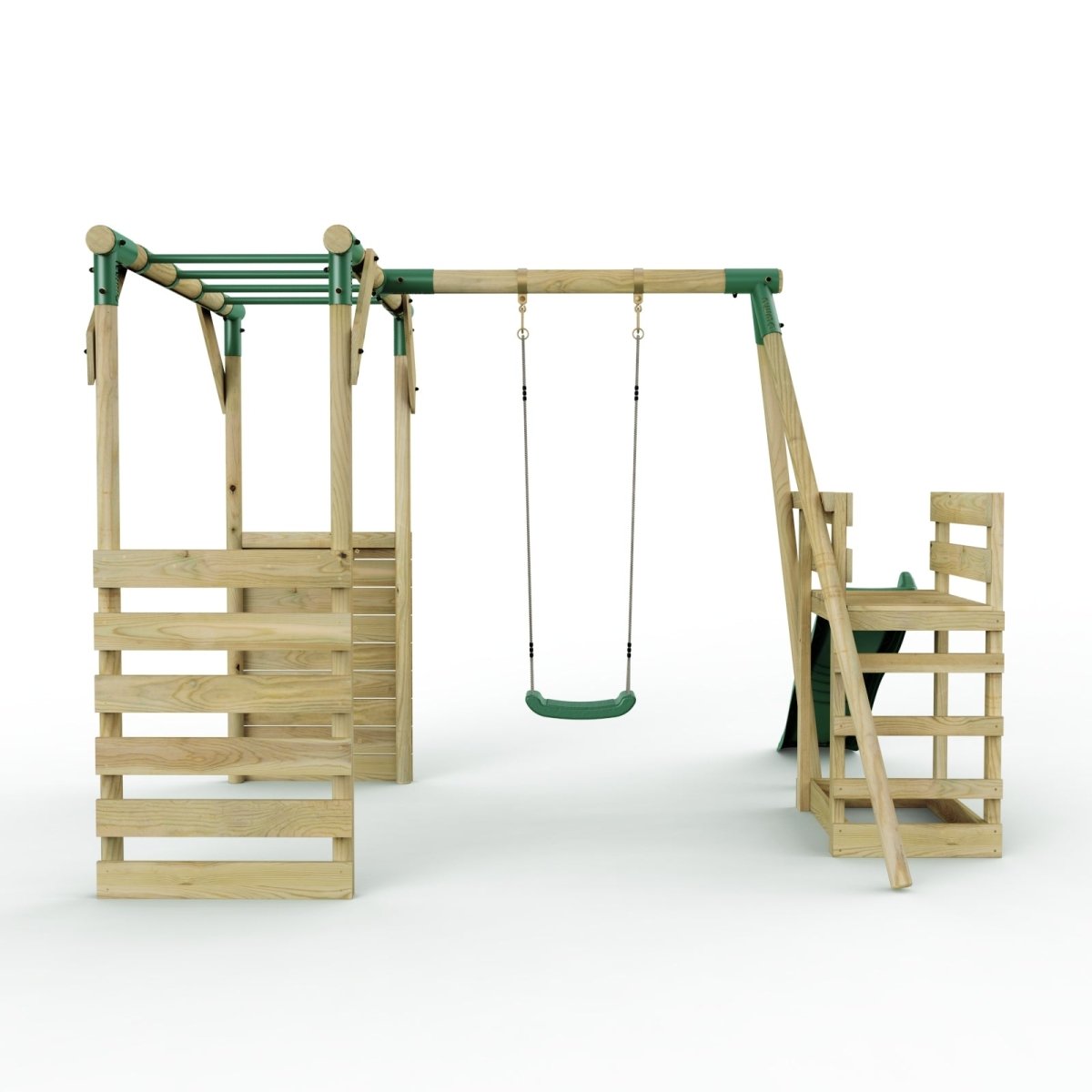 Rebo Wooden Swing Set with Monkey Bars plus Deck & 6ft Slide - Solar Green