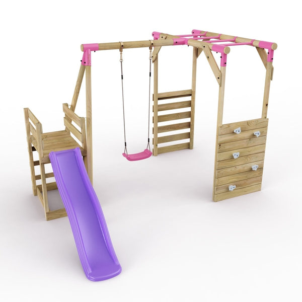 Rebo Wooden Swing Set with Monkey Bars plus Deck & 6ft Slide - Solar Pink