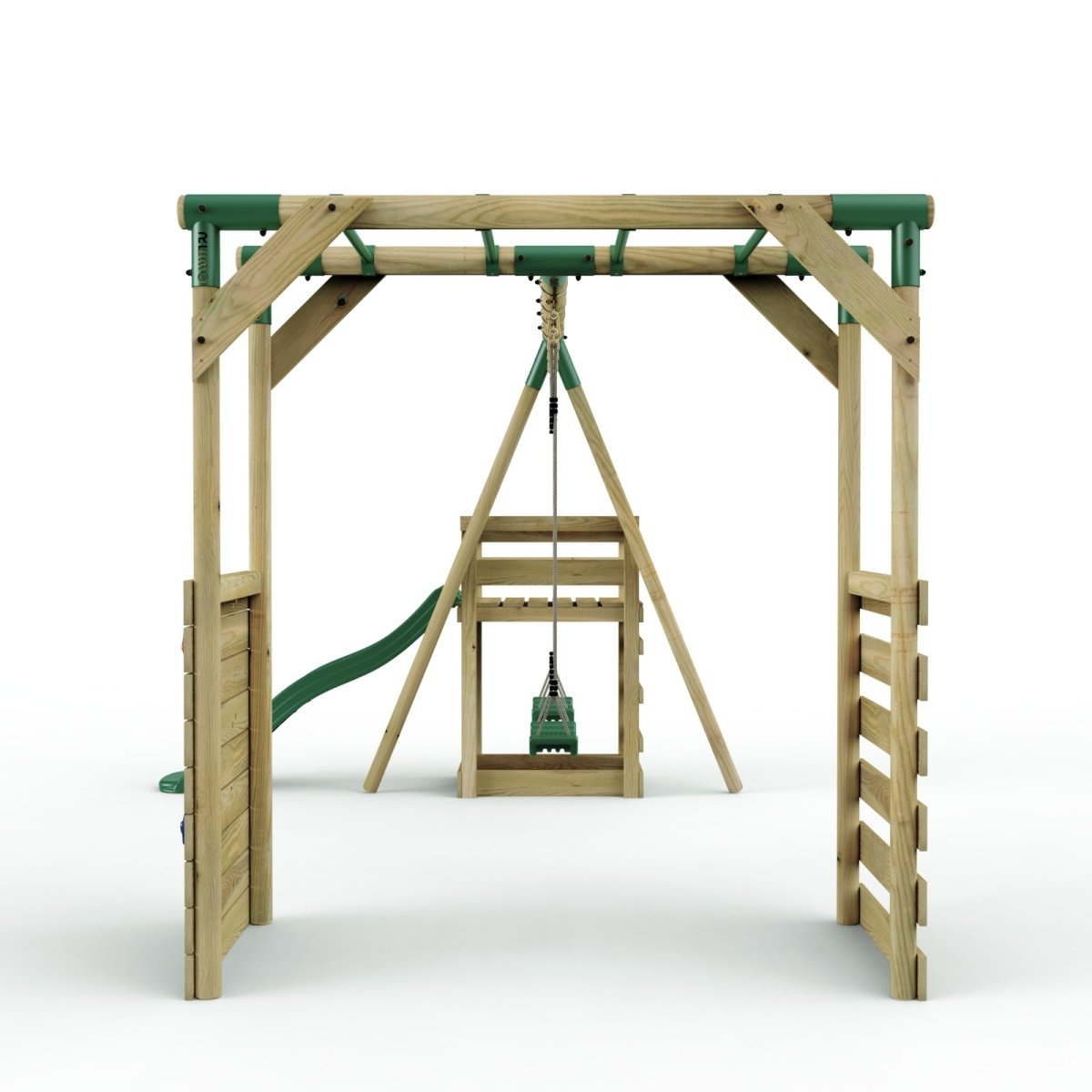 Rebo Wooden Swing Set with Monkey Bars plus Deck & 6ft Slide - Venus Green