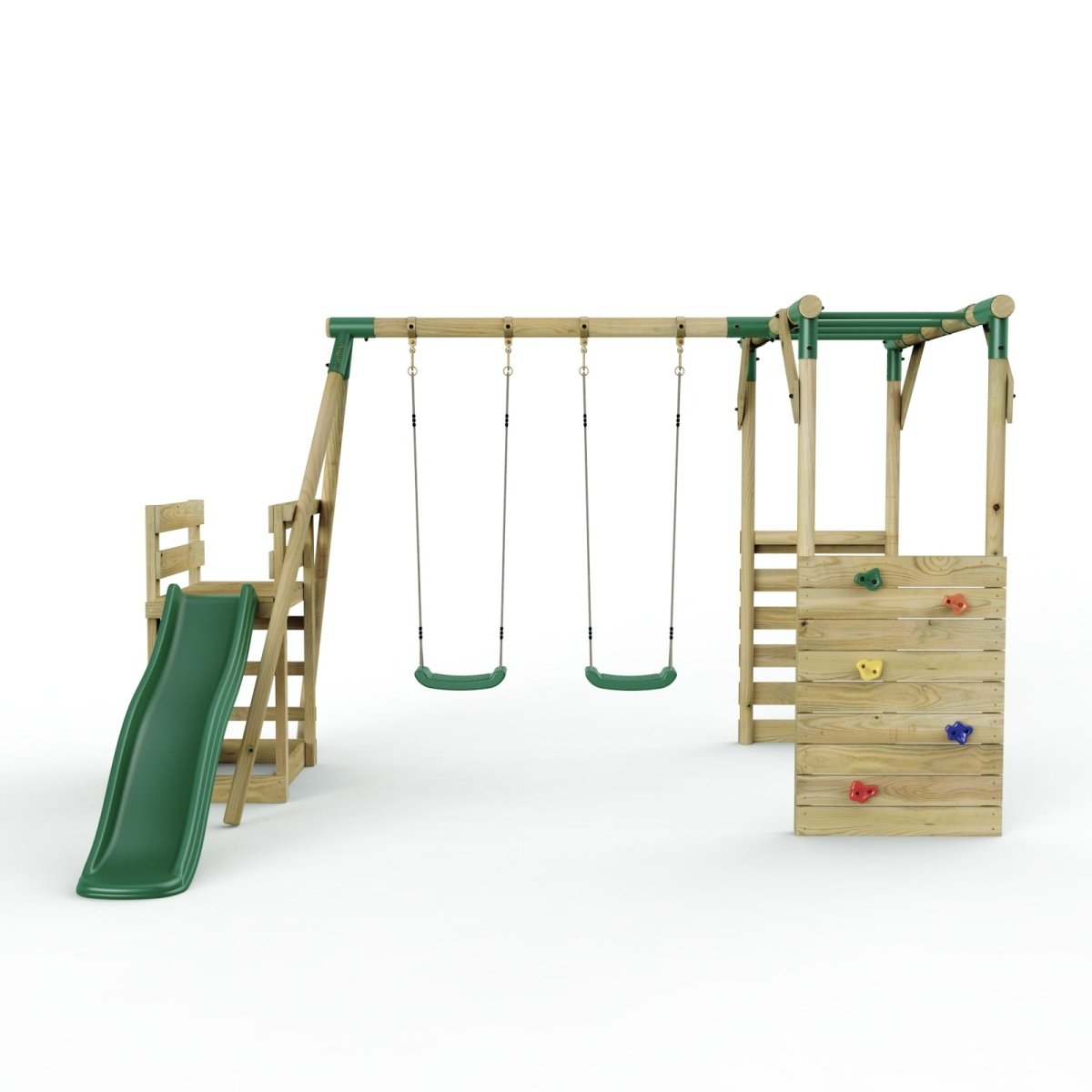 Rebo Wooden Swing Set with Monkey Bars plus Deck & 6ft Slide - Venus Green