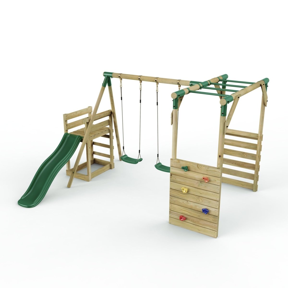 Rebo Wooden Swing Set with Monkey Bars plus Deck & 6ft Slide - Venus Green