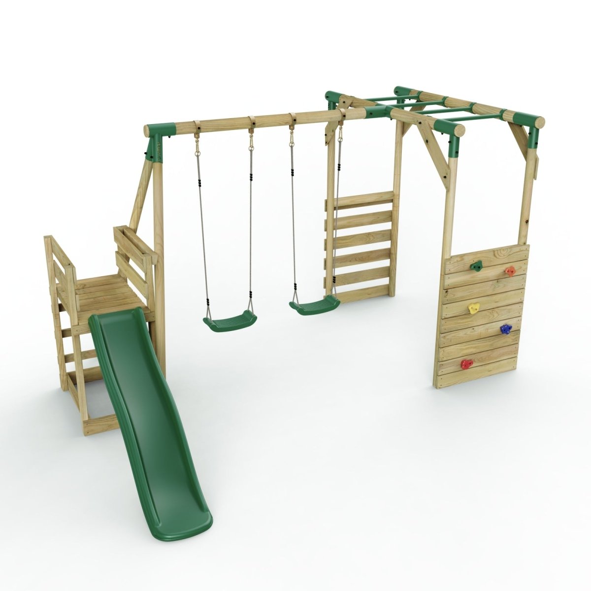 Rebo Wooden Swing Set with Monkey Bars plus Deck & 6ft Slide - Venus Green
