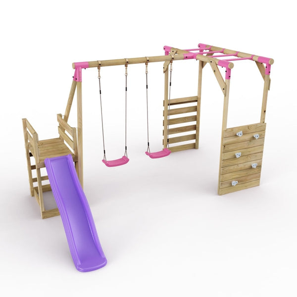 Rebo Wooden Swing Set with Monkey Bars plus Deck & 6ft Slide - Venus Pink