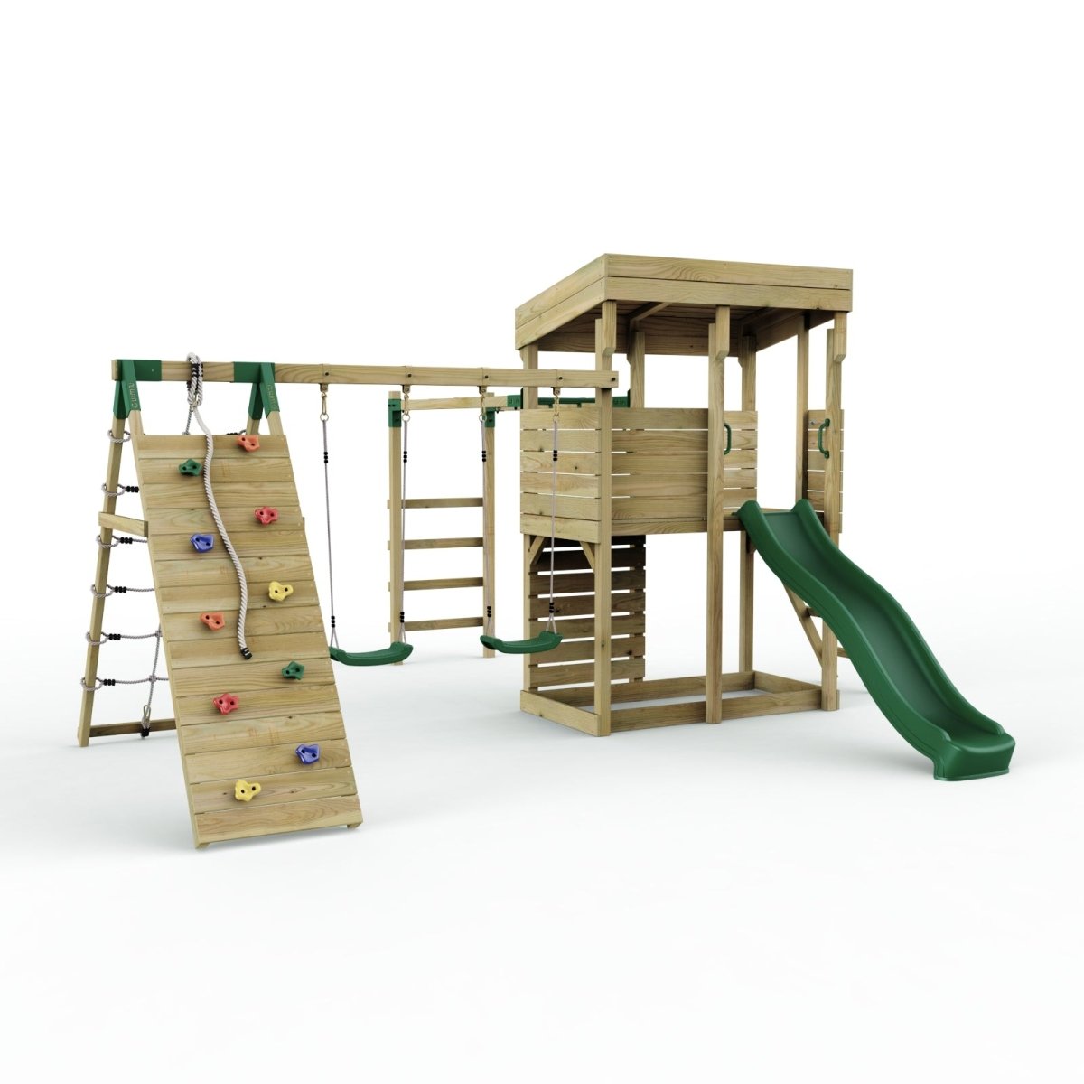 Rebo XL Lookout Tower Playhouse with Double Swing and Monkey Bars plus Climbing Wall plus Slide