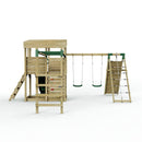 Rebo XL Lookout Tower Playhouse with Double Swing and Monkey Bars plus Climbing Wall plus Slide