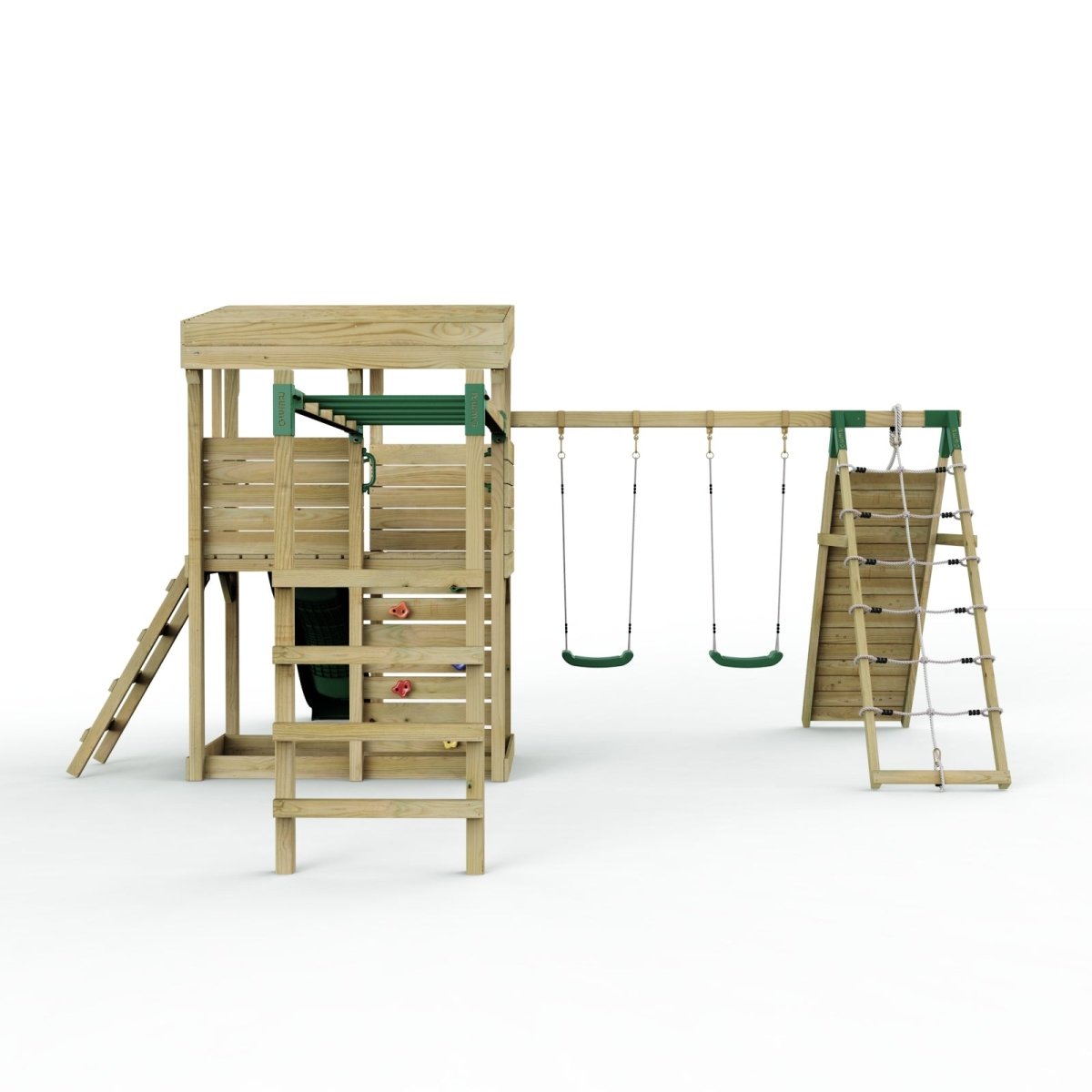 Rebo XL Lookout Tower Playhouse with Double Swing and Monkey Bars plus Climbing Wall plus Slide