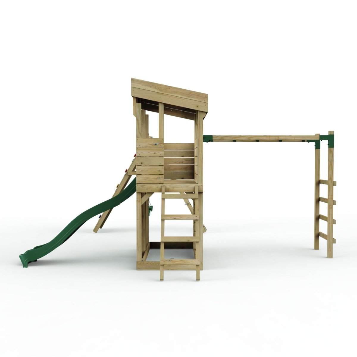 Rebo XL Lookout Tower Playhouse with Double Swing and Monkey Bars plus Climbing Wall plus Slide