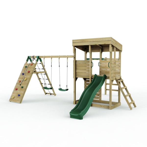 Rebo XL Lookout Tower Playhouse with Double Swing and Monkey Bars plus Climbing Wall plus Slide