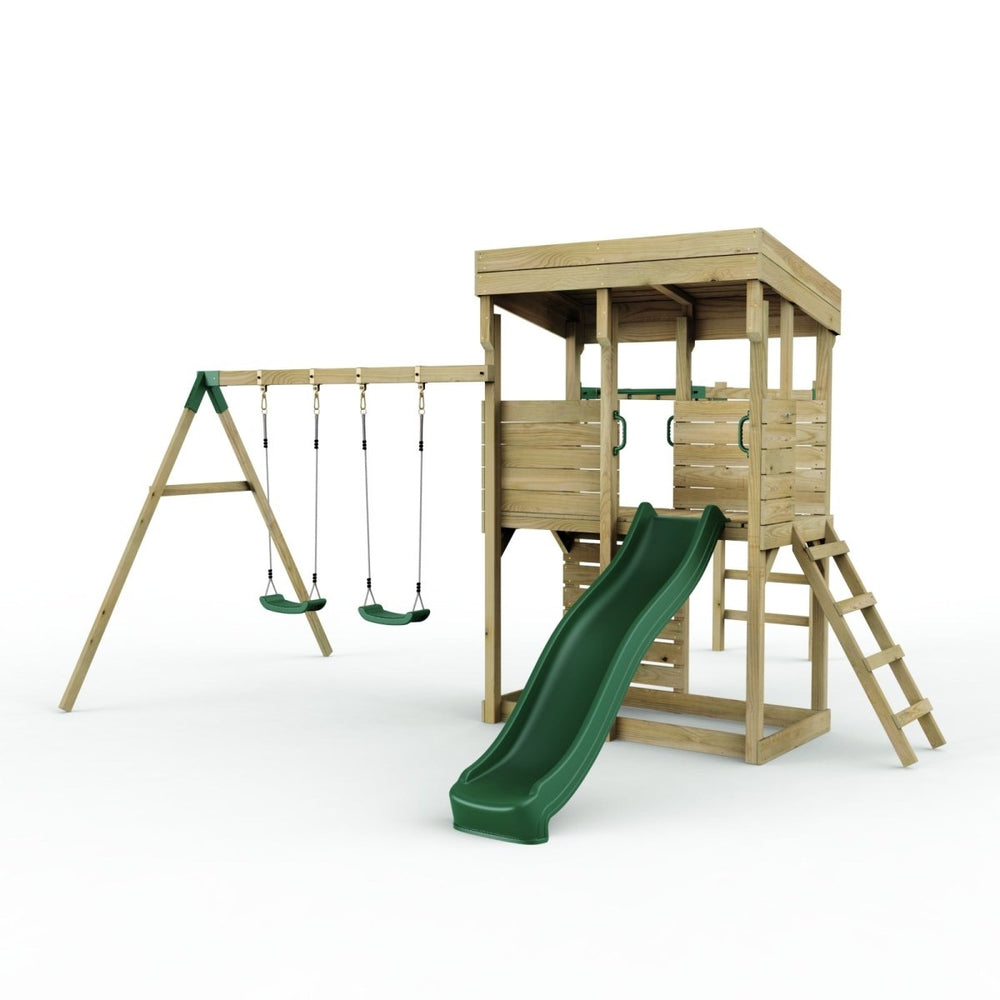 Rebo XL Lookout Tower Playhouse with Double Swing and Monkey Bars plus Slide
