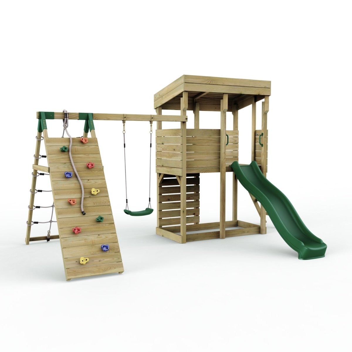 Rebo XL Lookout Tower Playhouse with Single Swing and Climbing Wall plus Slide