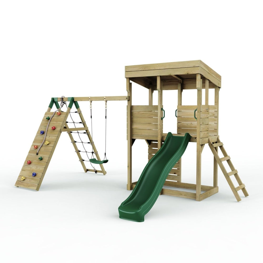 Rebo XL Lookout Tower Playhouse with Single Swing and Climbing Wall plus Slide