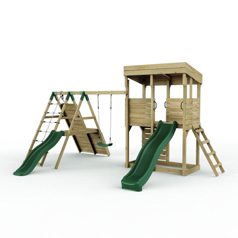 Rebo XL Lookout Tower Playhouse with Single Swing and Climbing Wall plus Slides