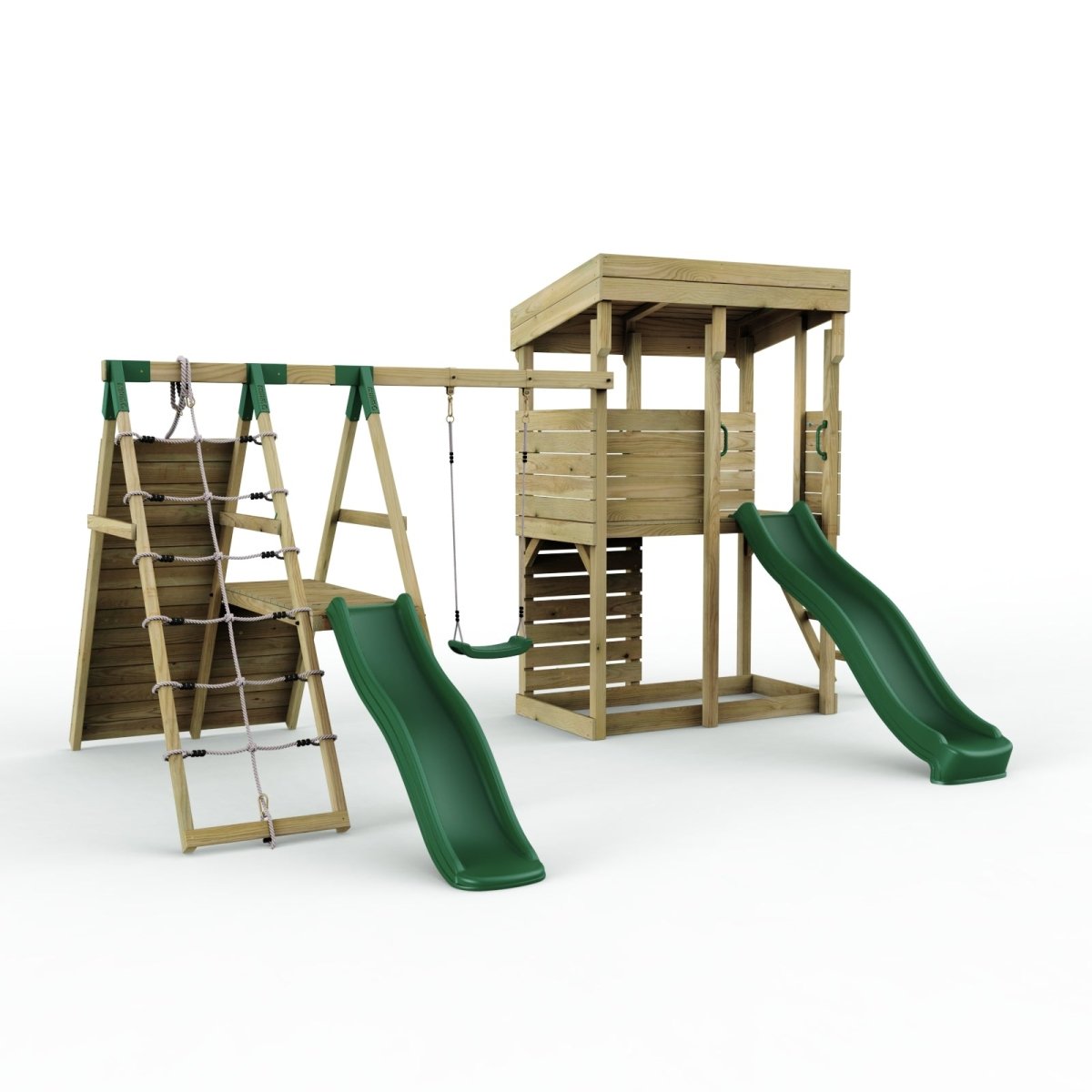 Rebo XL Lookout Tower Playhouse with Single Swing and Climbing Wall plus Slides