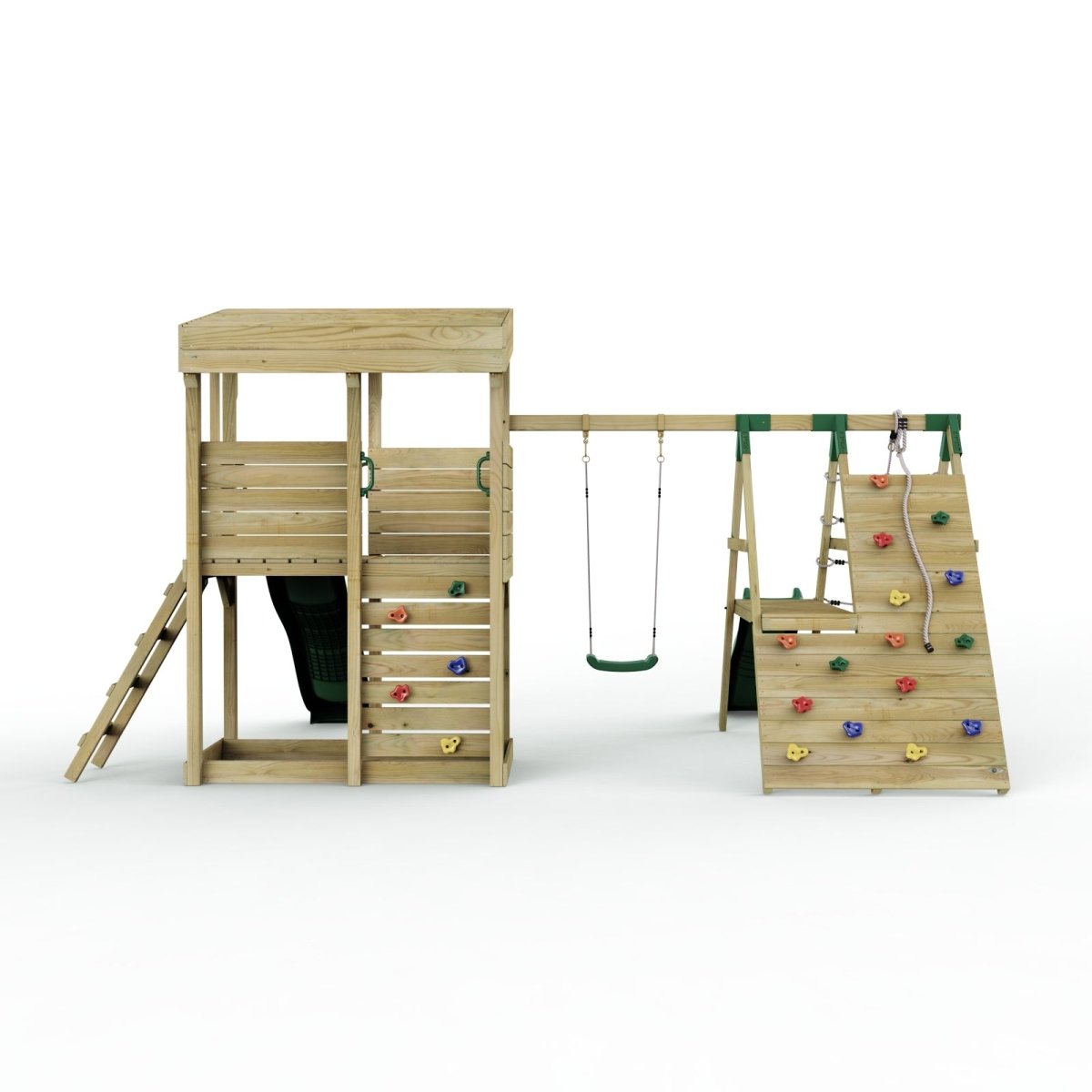 Rebo XL Lookout Tower Playhouse with Single Swing and Climbing Wall plus Slides