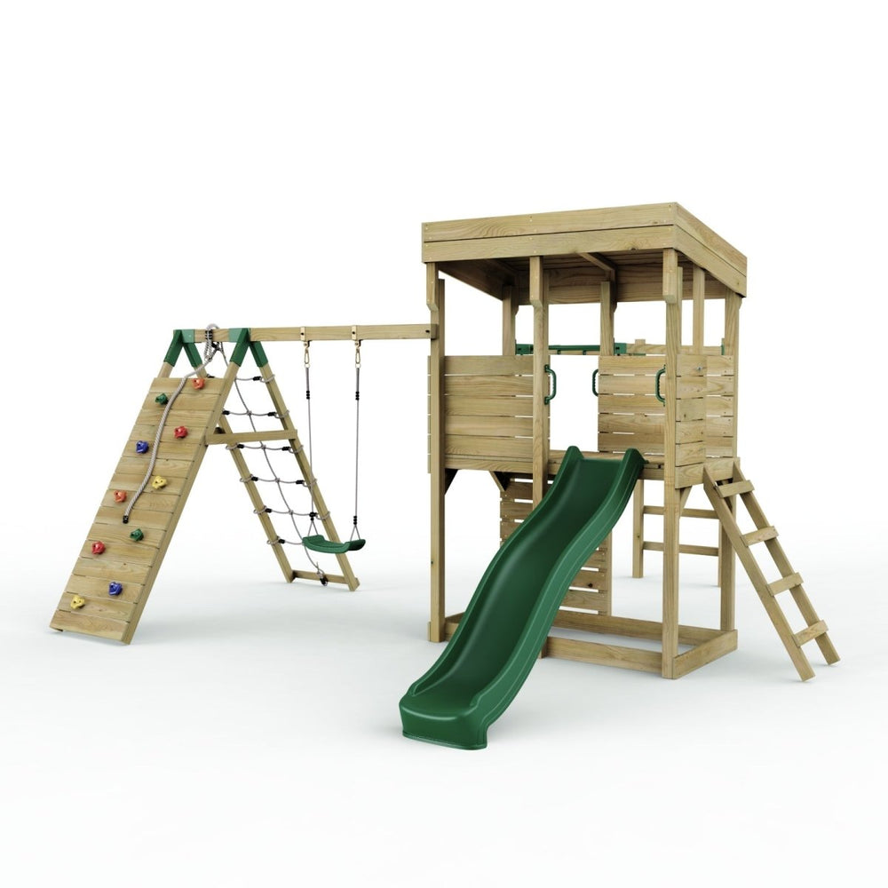Rebo XL Lookout Tower Playhouse with Single Swing and Monkey Bars plus Climbing Wall and Slide