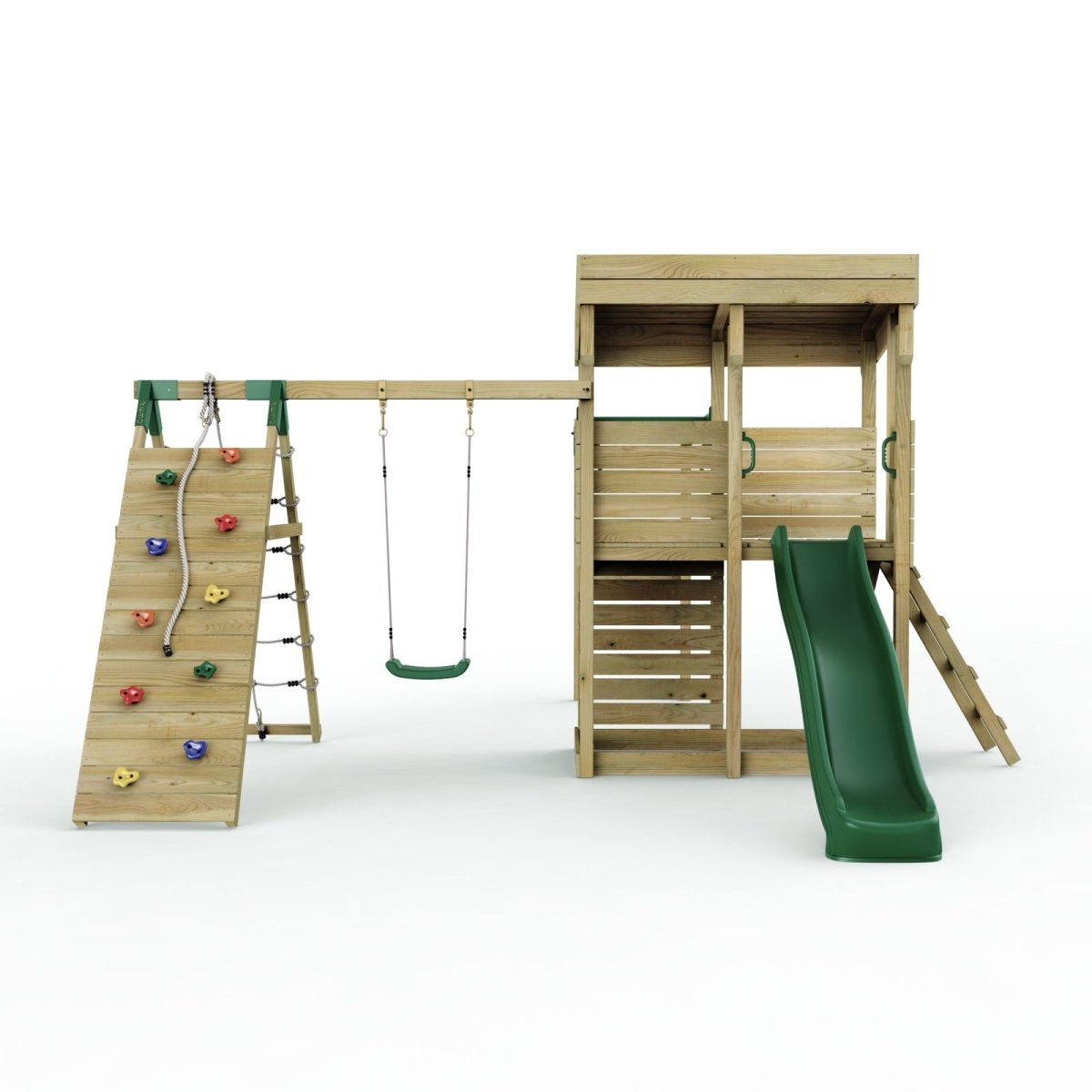 Rebo XL Lookout Tower Playhouse with Single Swing and Monkey Bars plus Climbing Wall and Slide