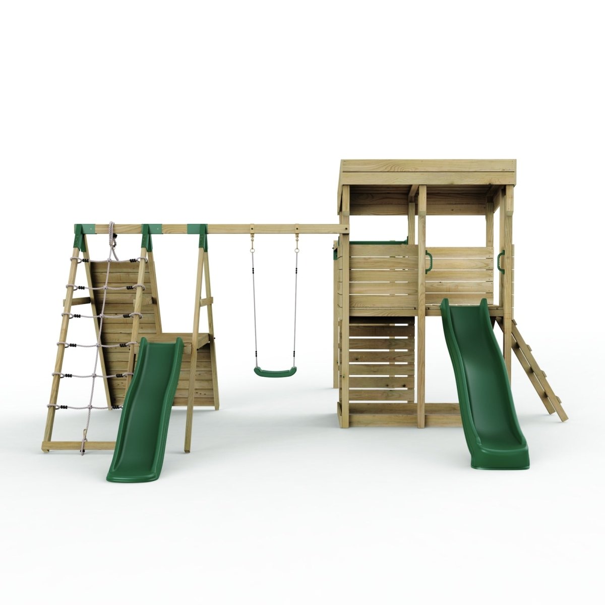 Rebo XL Lookout Tower Playhouse with Single Swing and Monkey Bars plus Climbing Wall and Slides