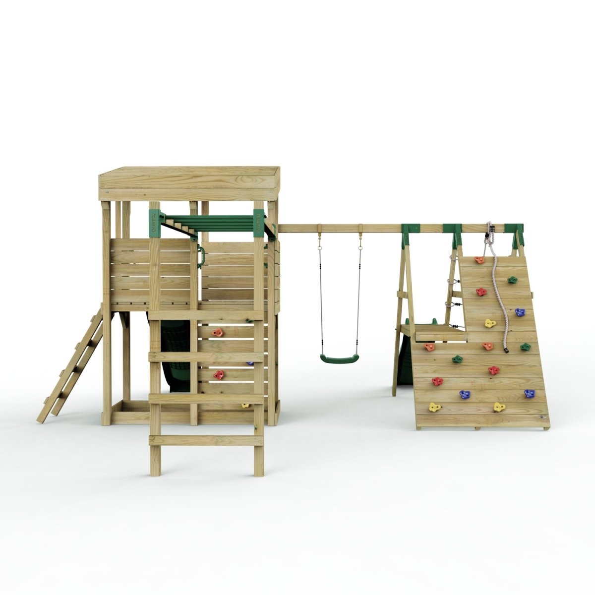 Rebo XL Lookout Tower Playhouse with Single Swing and Monkey Bars plus Climbing Wall and Slides
