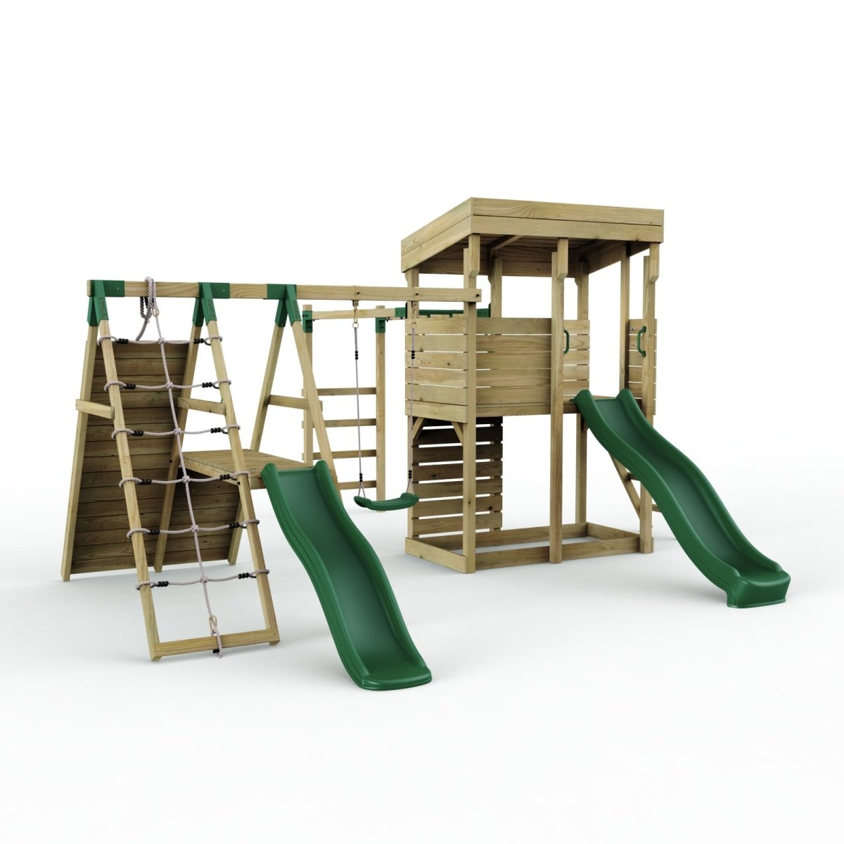 Rebo XL Lookout Tower Playhouse with Single Swing and Monkey Bars plus Climbing Wall and Slides