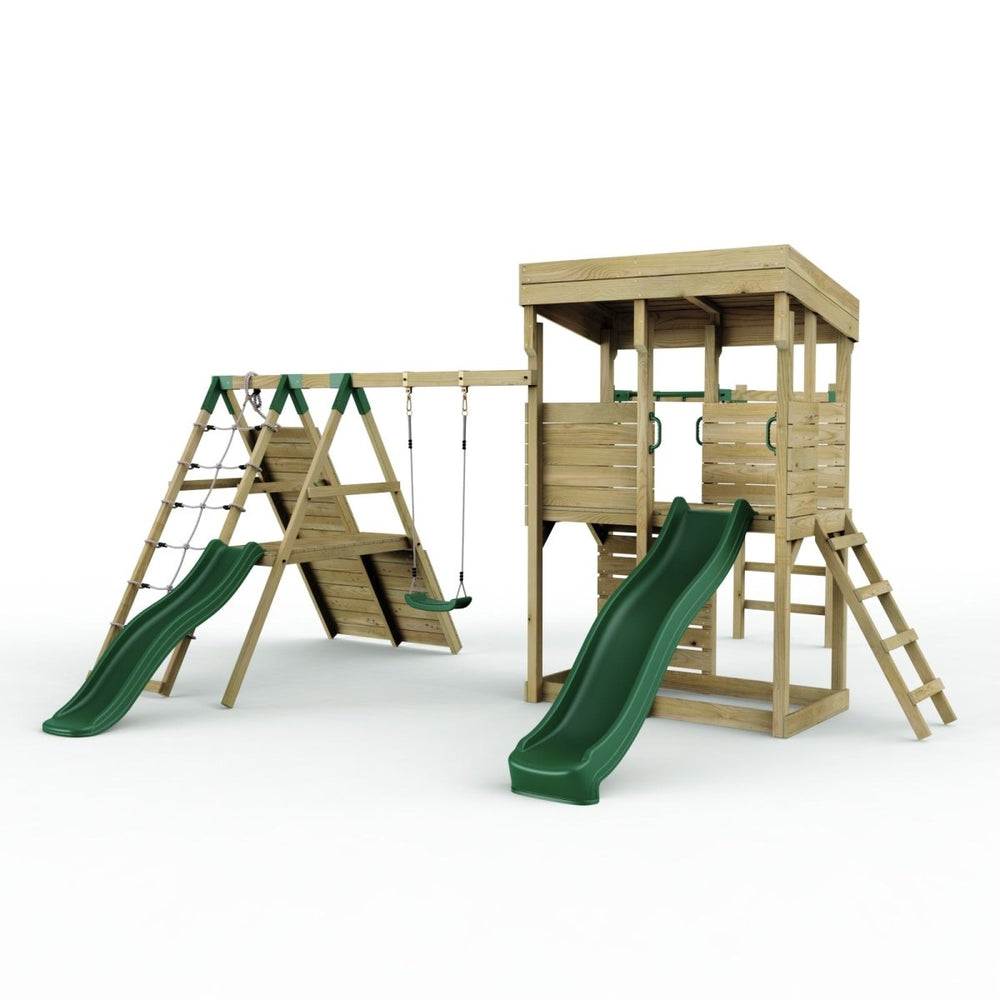 Rebo XL Lookout Tower Playhouse with Single Swing and Monkey Bars plus Climbing Wall and Slides