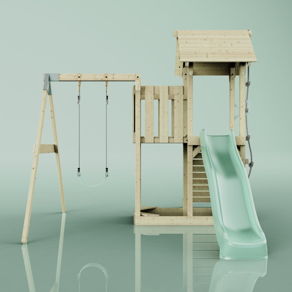 PolarPlay Balcony Tower Kids Wooden Climbing Frame - Swing Bjorn Sage