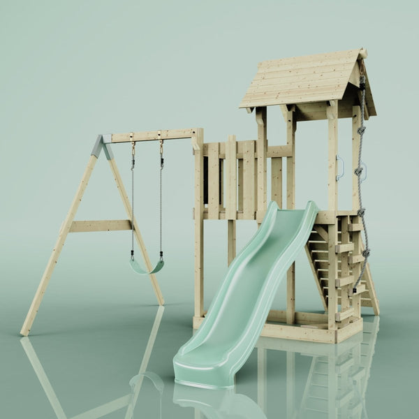 PolarPlay Balcony Tower Kids Wooden Climbing Frame - Swing Bjorn Sage